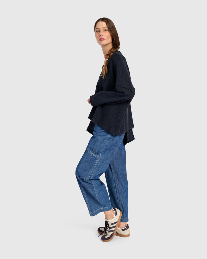 Asymmetrical V-Neck Sweater in Navy