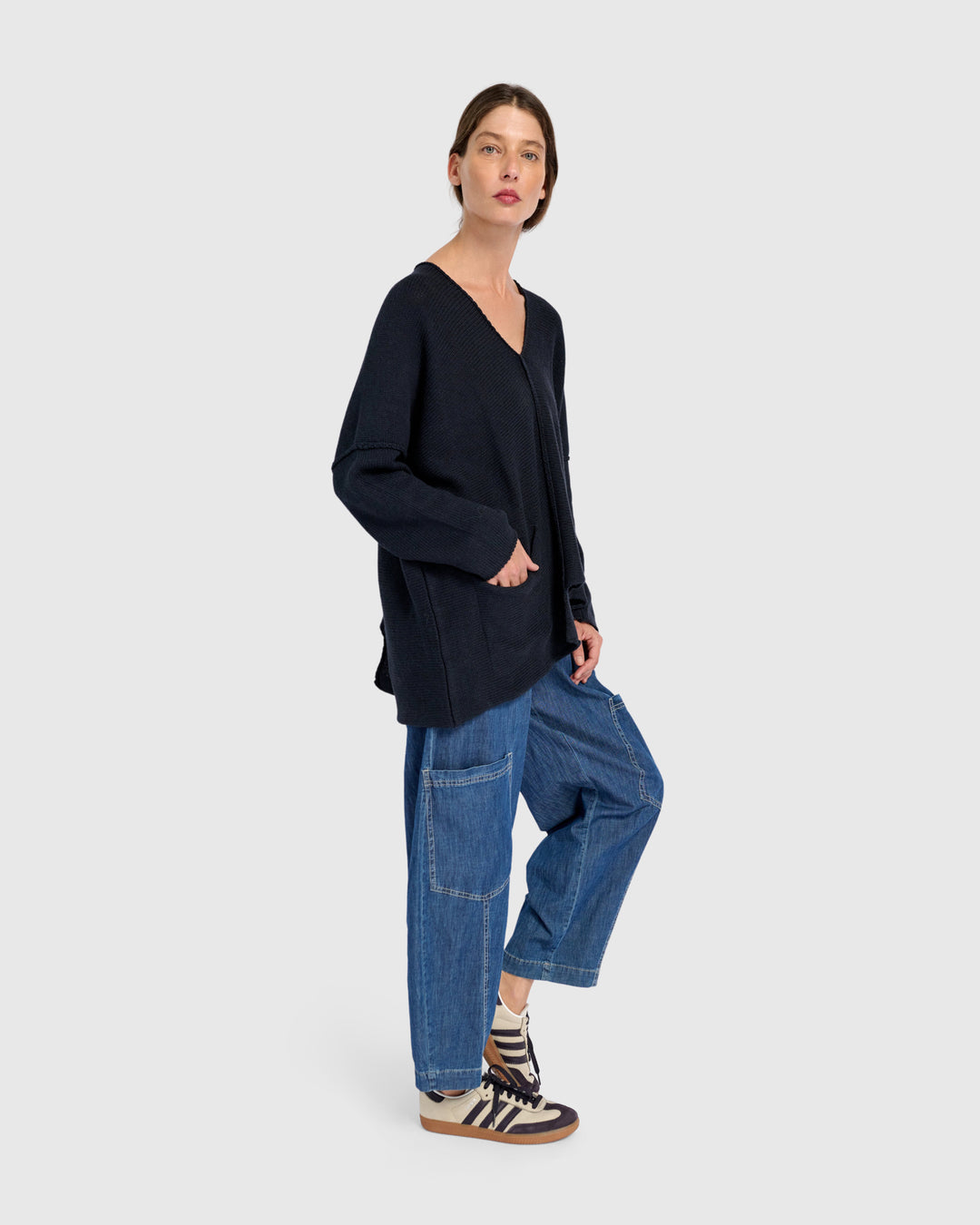 Asymmetrical V-Neck Sweater in Navy
