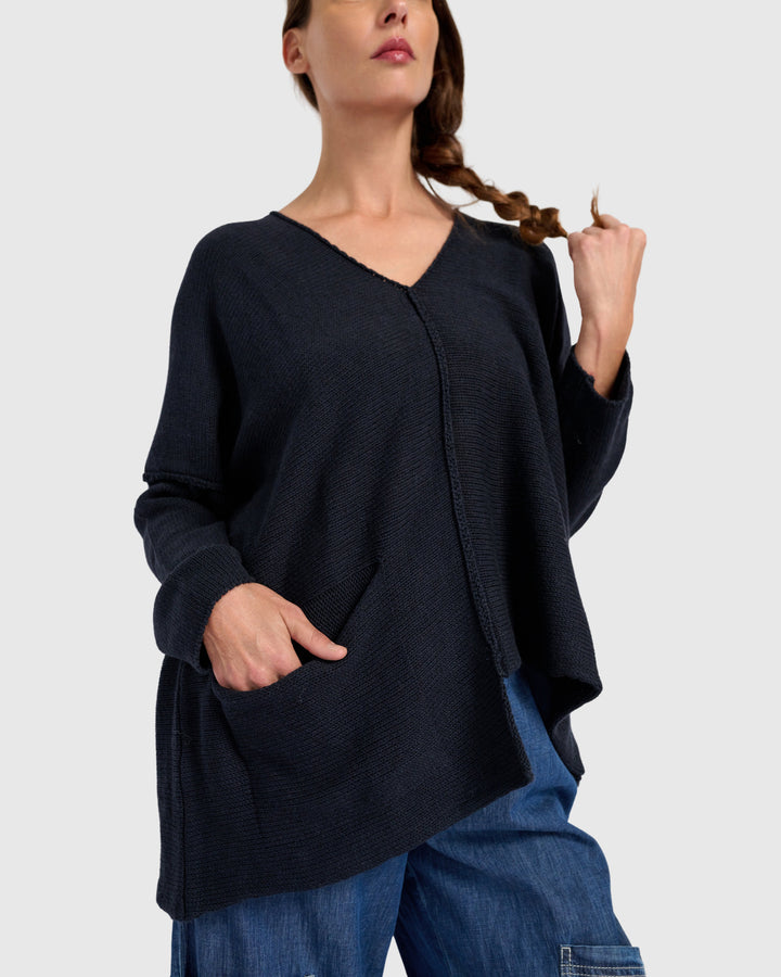 Asymmetrical V-Neck Sweater in Navy