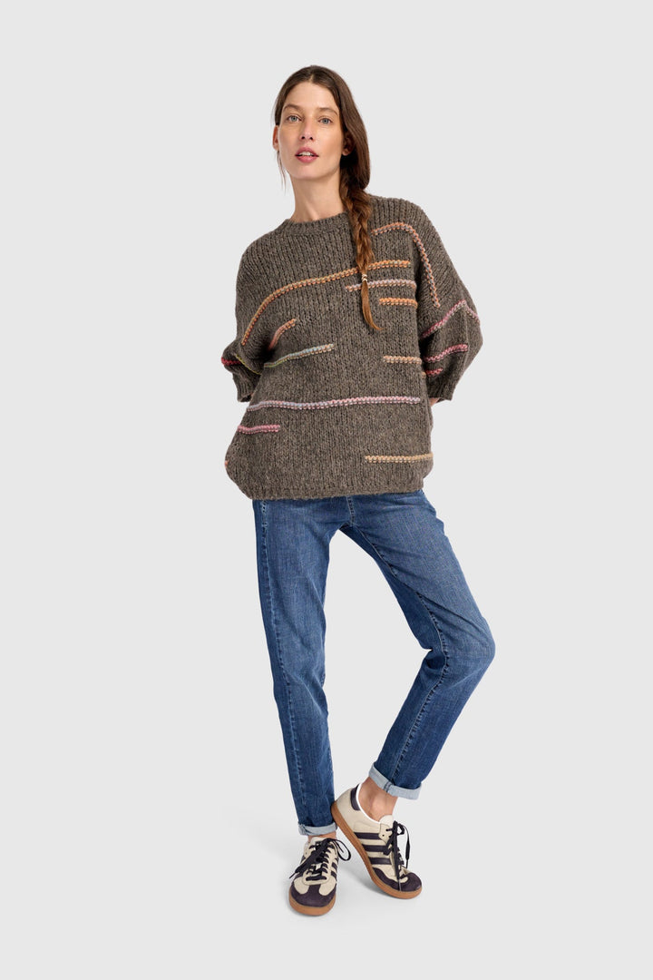 3/4 Sleeve Sweater with Rainbow Yarn Line Detail in Brown