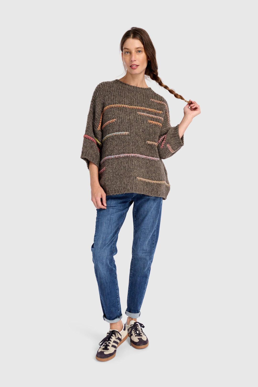 3/4 Sleeve Sweater with Rainbow Yarn Line Detail in Brown