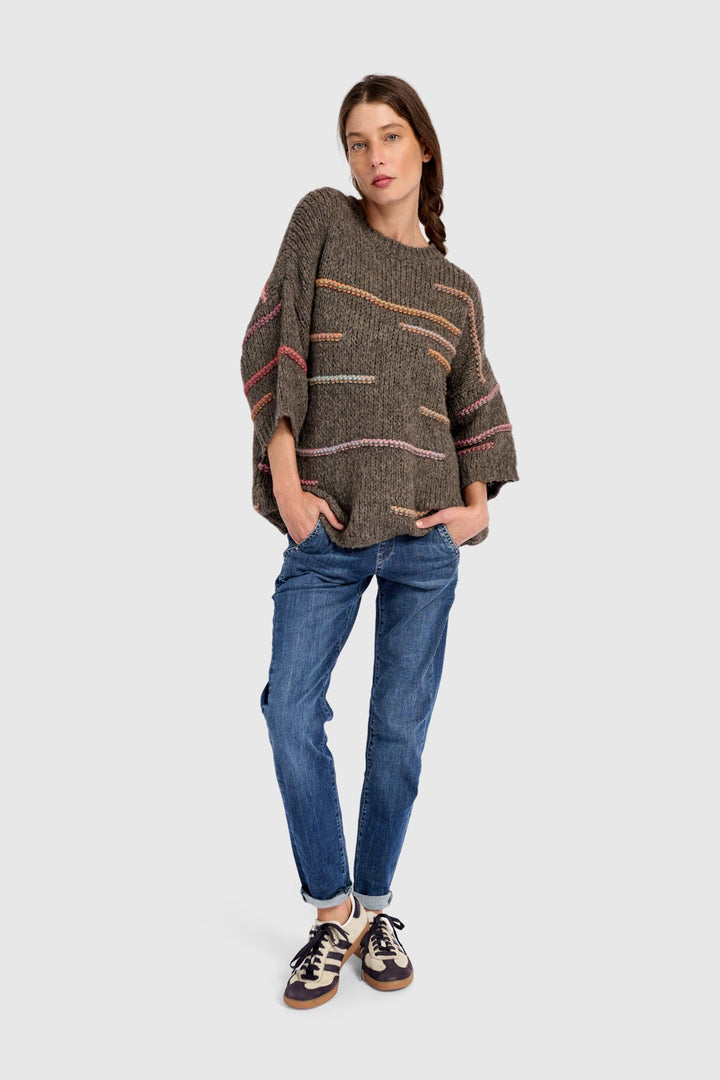 3/4 Sleeve Sweater with Rainbow Yarn Line Detail in Brown