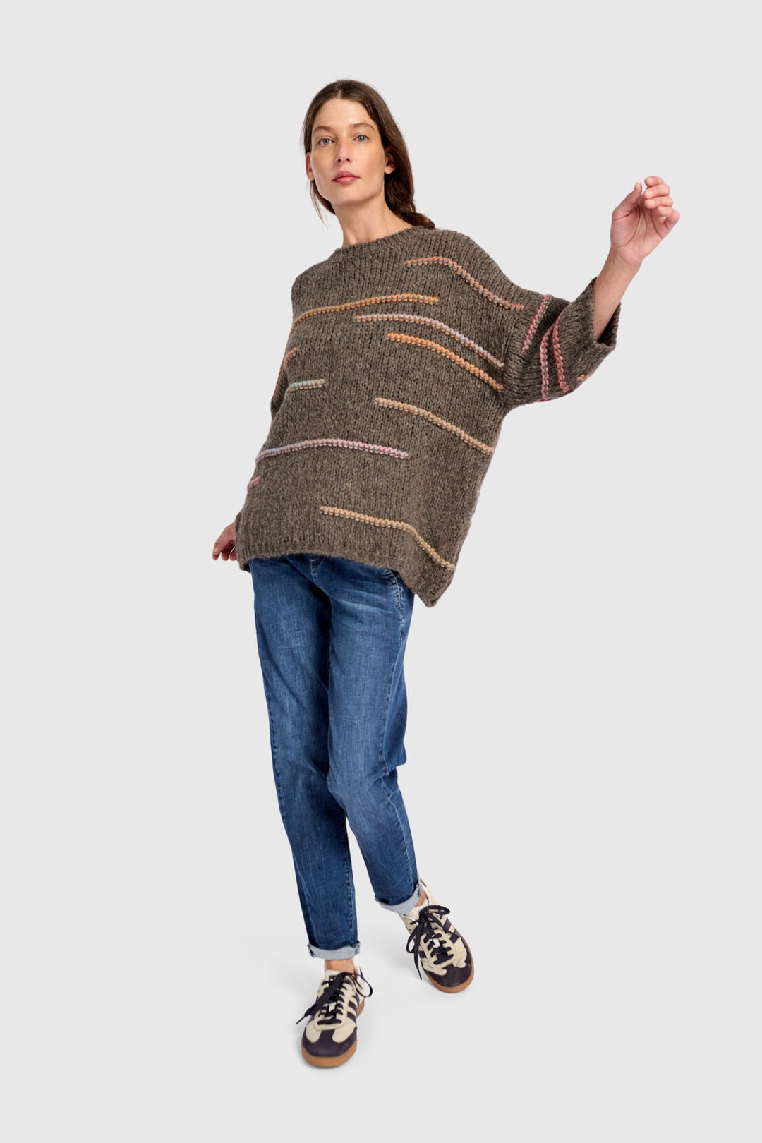 3/4 Sleeve Sweater with Rainbow Yarn Line Detail in Brown