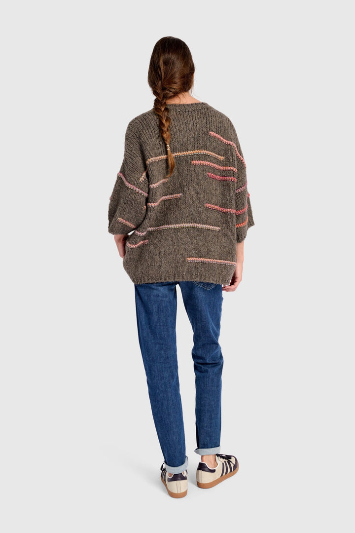 3/4 Sleeve Sweater with Rainbow Yarn Line Detail in Brown