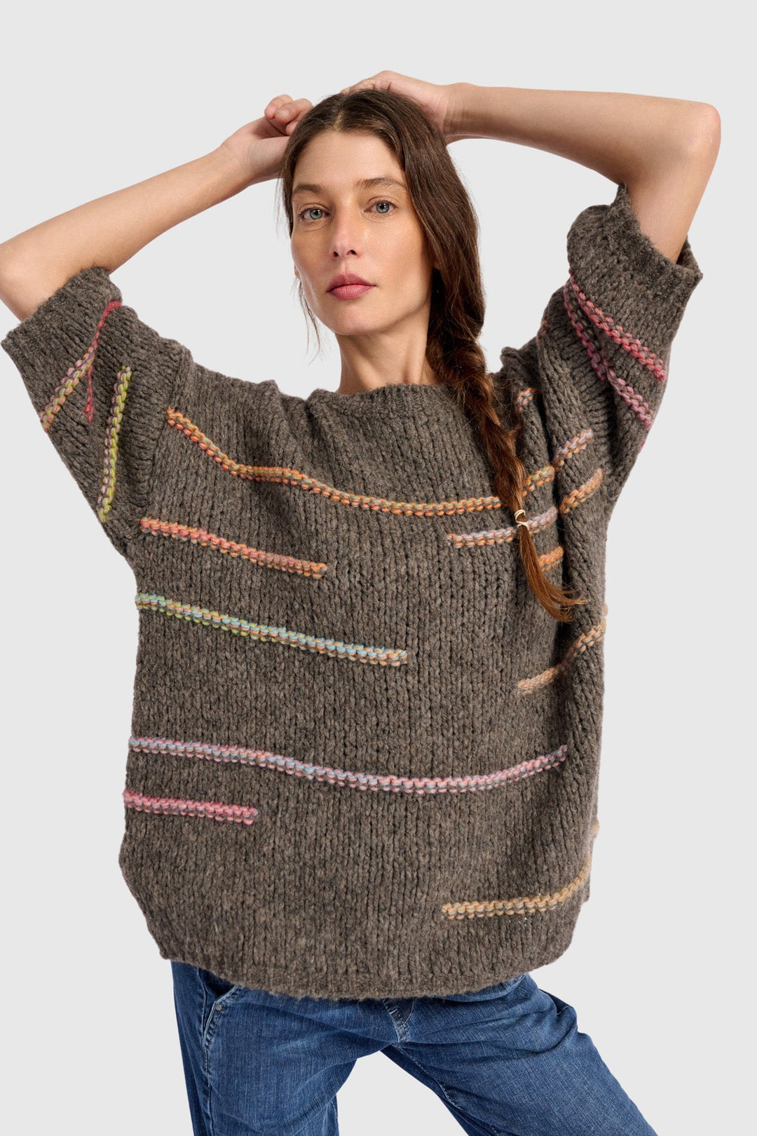 3/4 Sleeve Sweater with Rainbow Yarn Line Detail in Brown