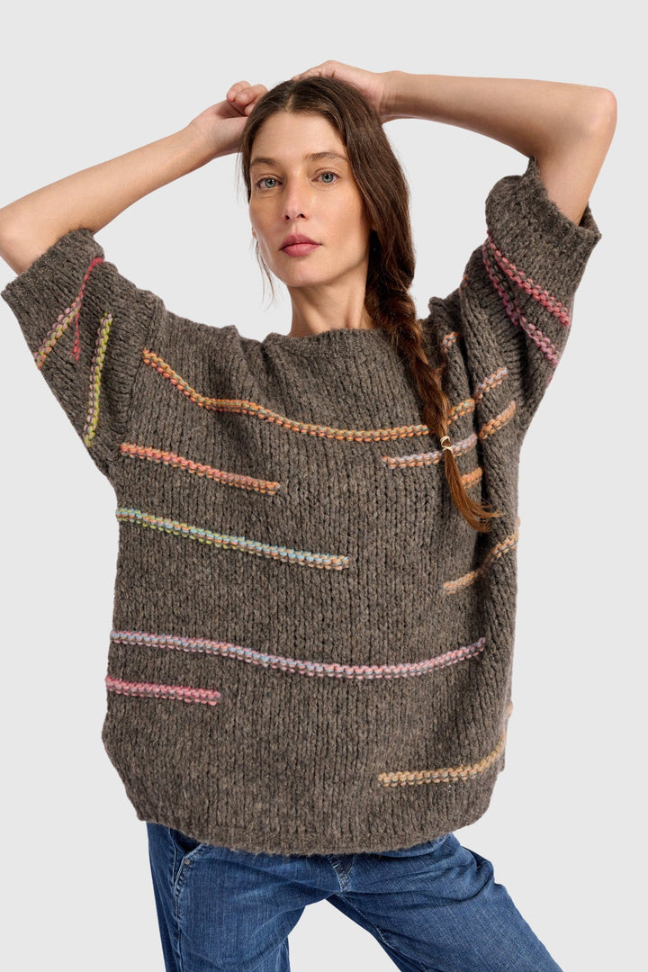3/4 Sleeve Sweater with Rainbow Yarn Line Detail in Brown