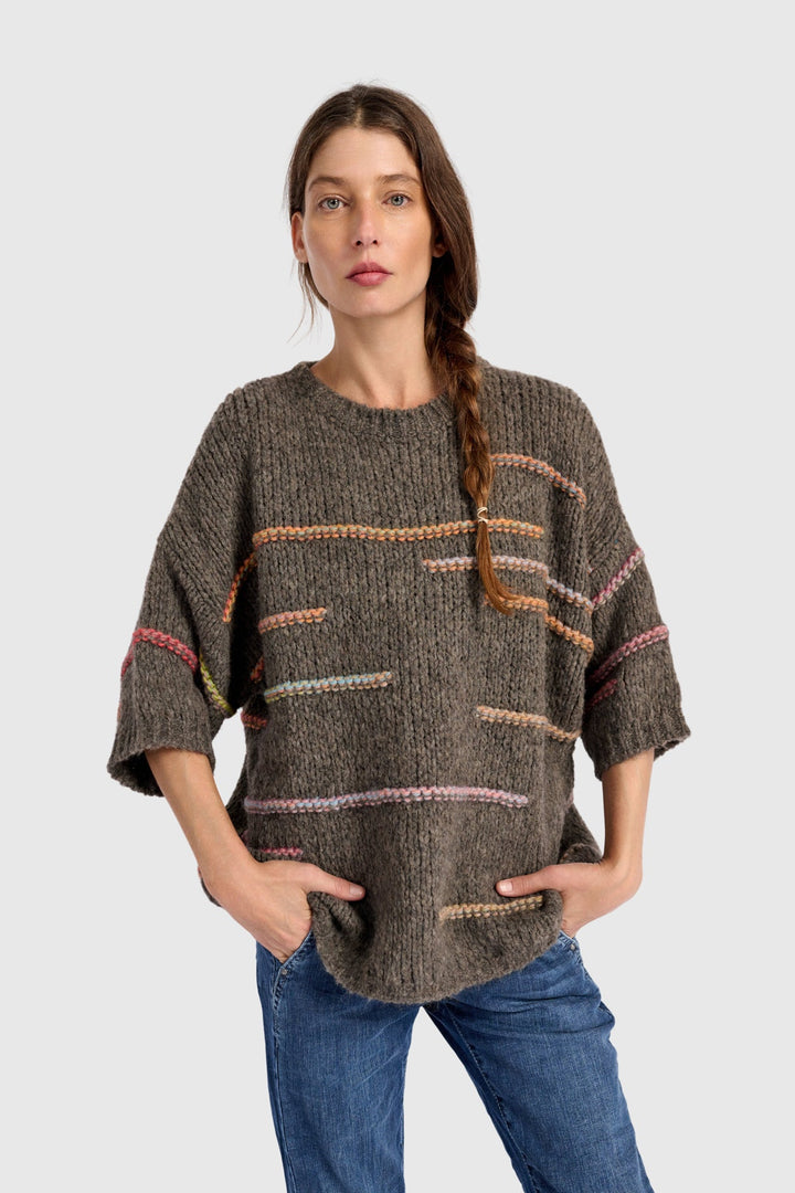 3/4 Sleeve Sweater with Rainbow Yarn Line Detail in Brown