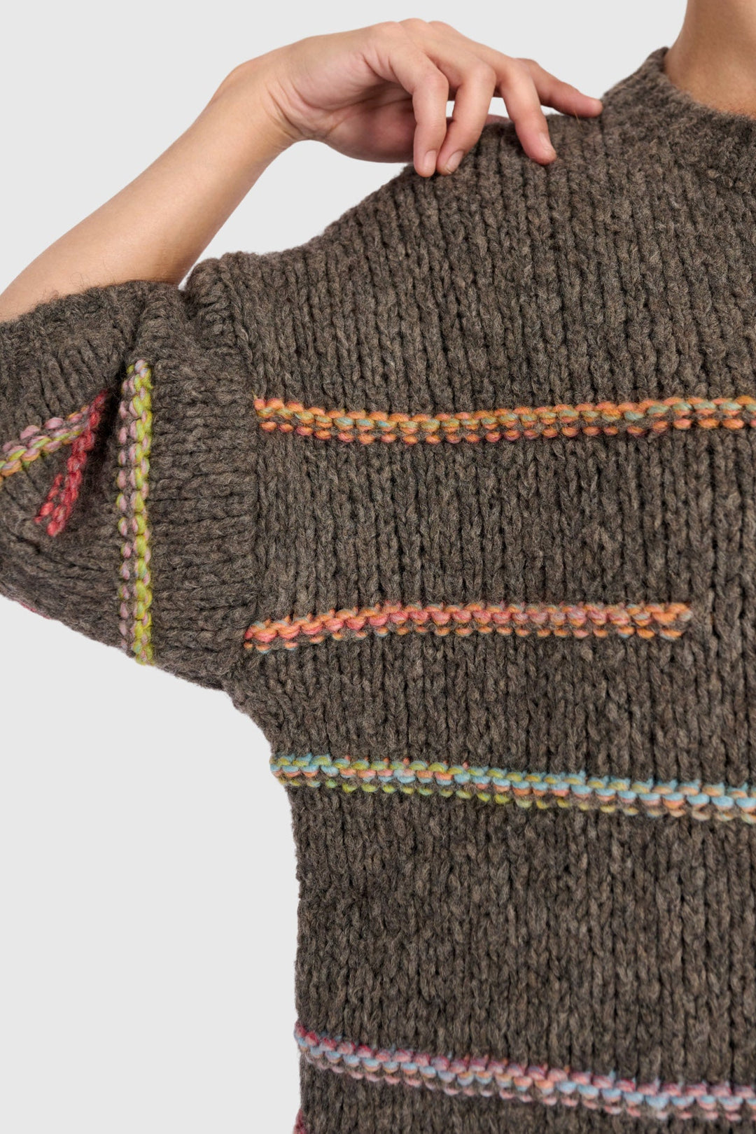 3/4 Sleeve Sweater with Rainbow Yarn Line Detail in Brown
