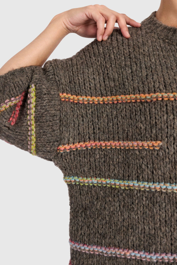 3/4 Sleeve Sweater with Rainbow Yarn Line Detail in Brown