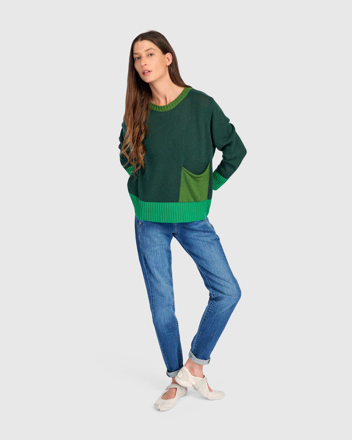 Contrast Pocket Crew Sweater Green