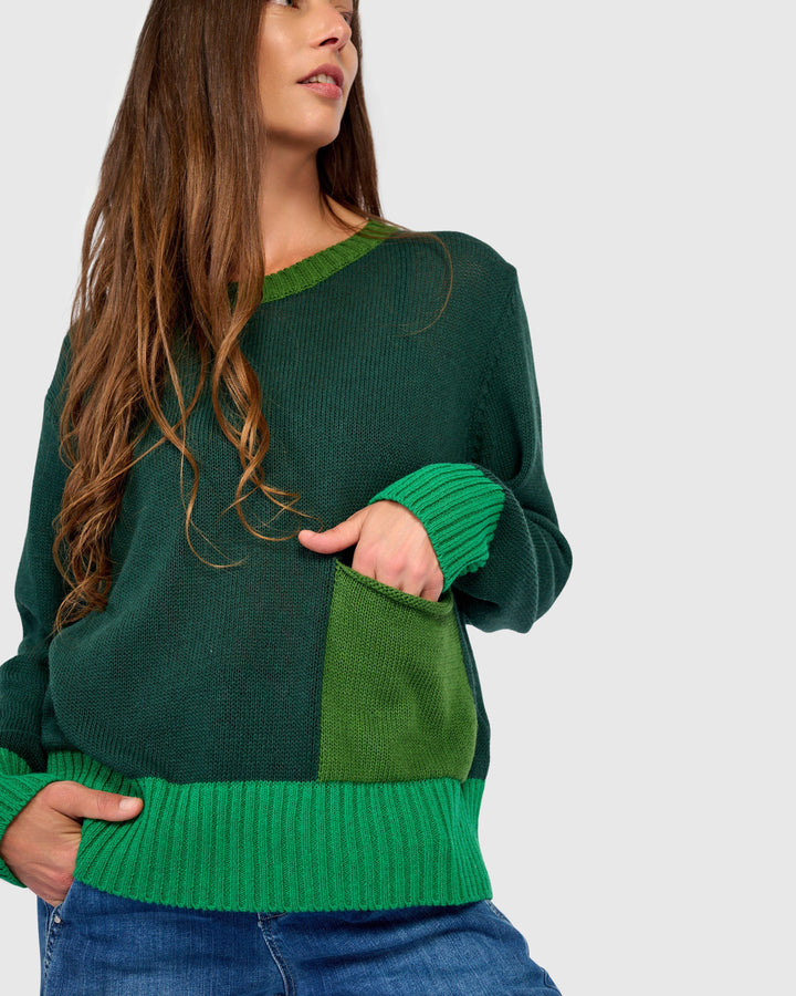 Contrast Pocket Crew Sweater Green