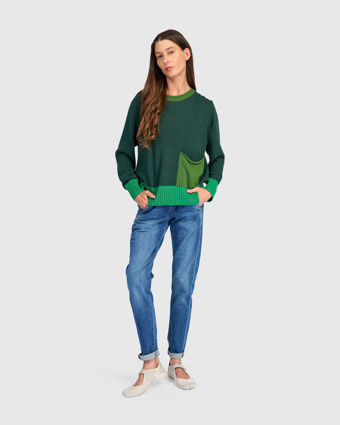 Contrast Pocket Crew Sweater Green