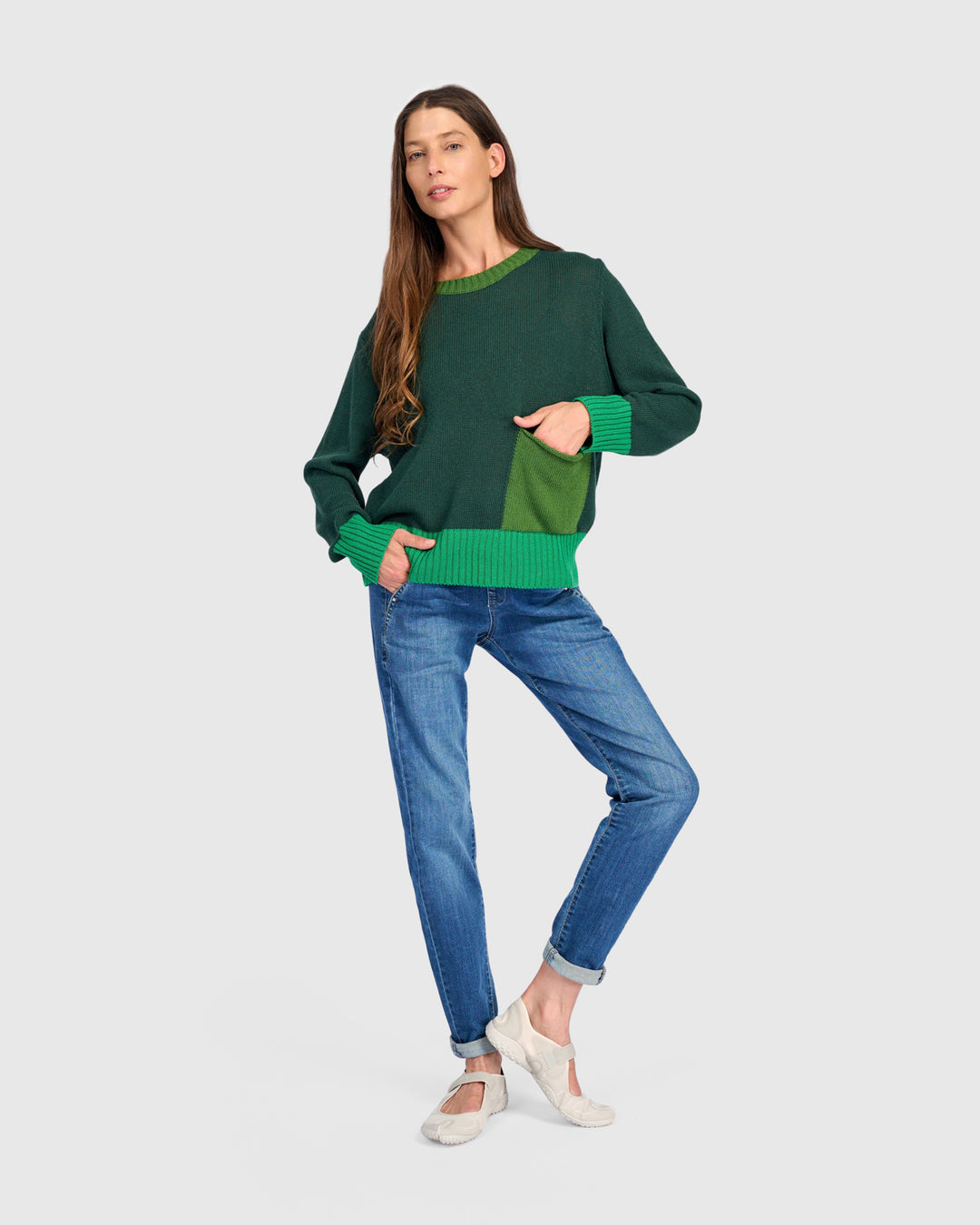 Contrast Pocket Crew Sweater Green