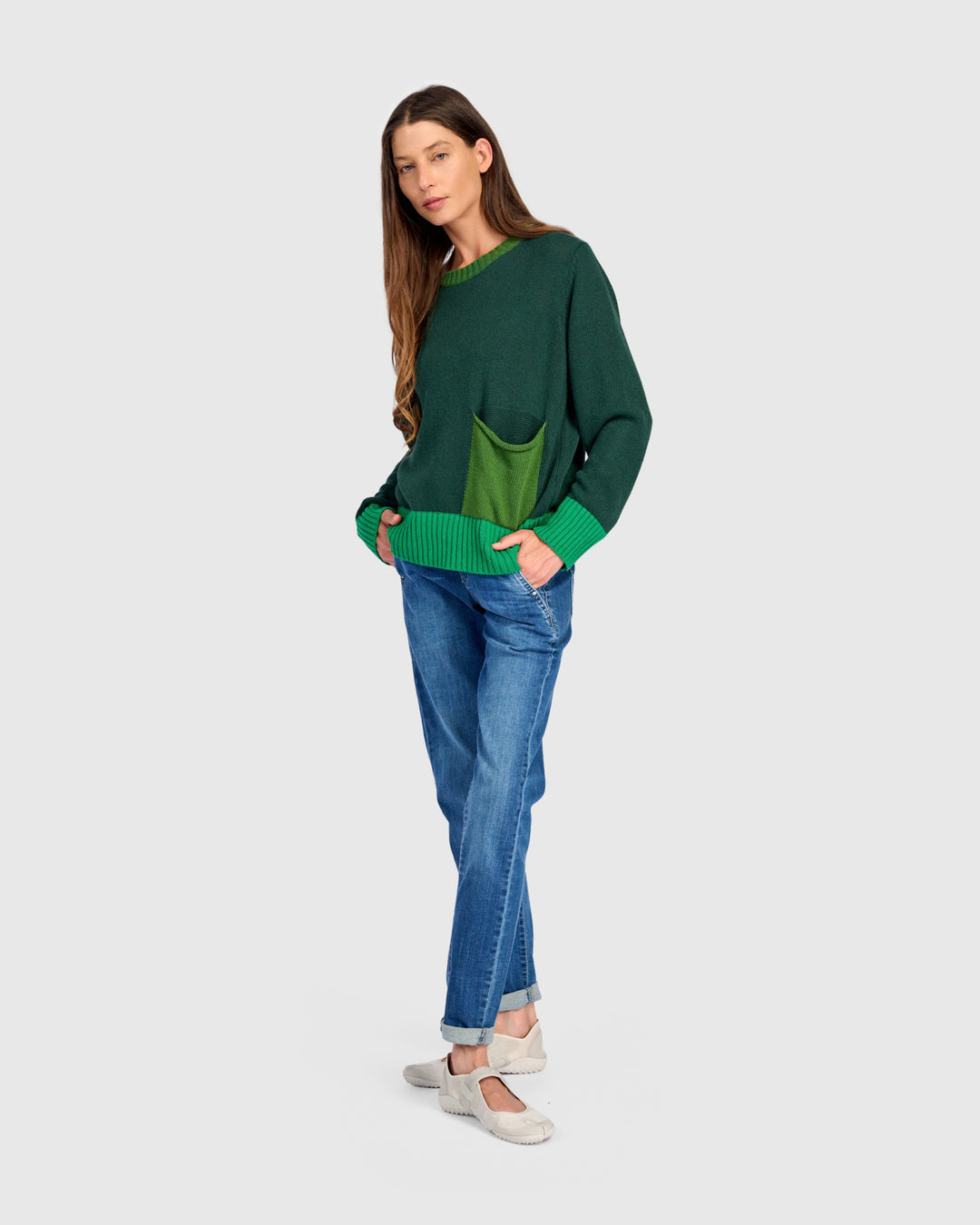 Contrast Pocket Crew Sweater Green