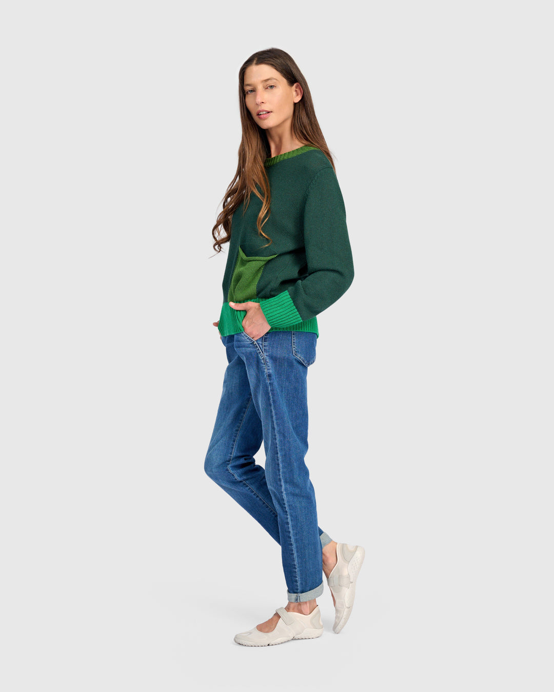Contrast Pocket Crew Sweater Green