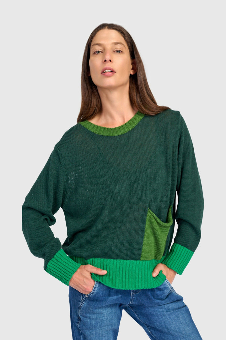 Contrast Pocket Crew Sweater Green