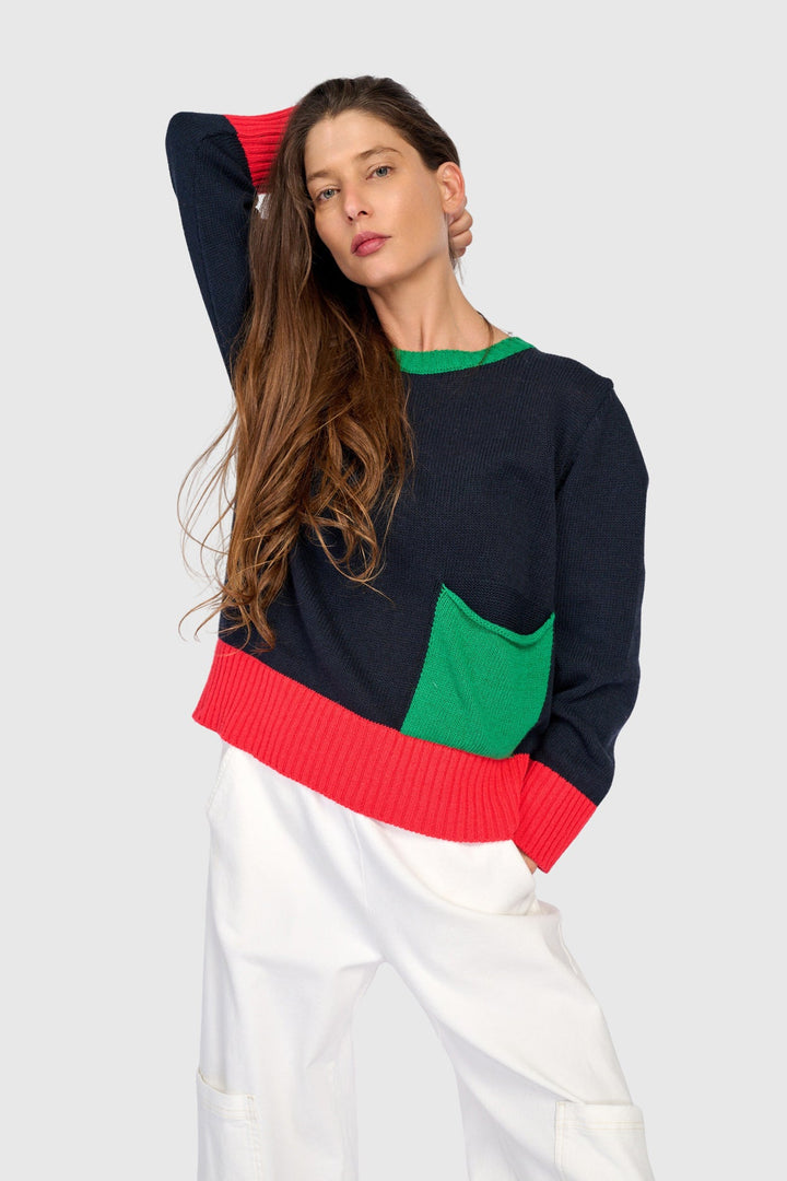 Contrast Pocket Crew Sweater Mix