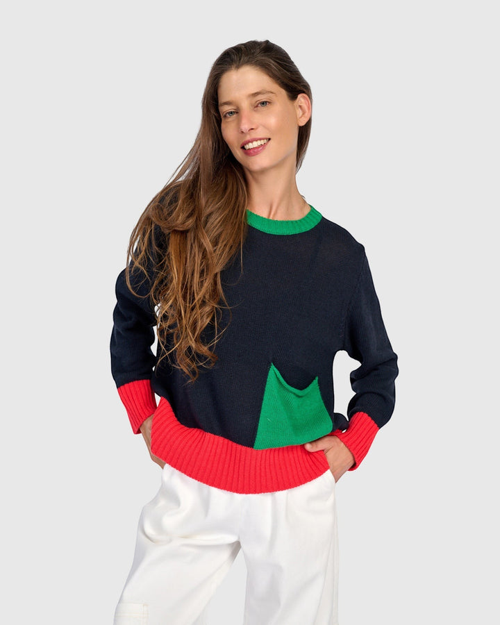 Contrast Pocket Crew Sweater Mix