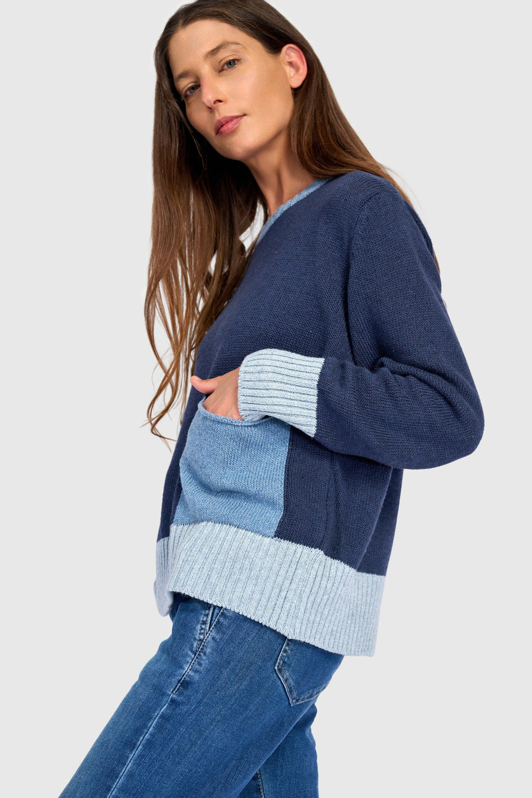 Contrast Pocket Crew Sweater Navy