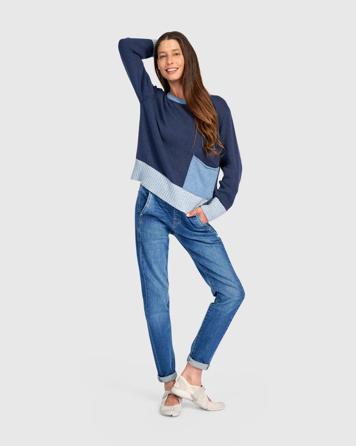 Contrast Pocket Crew Sweater Navy