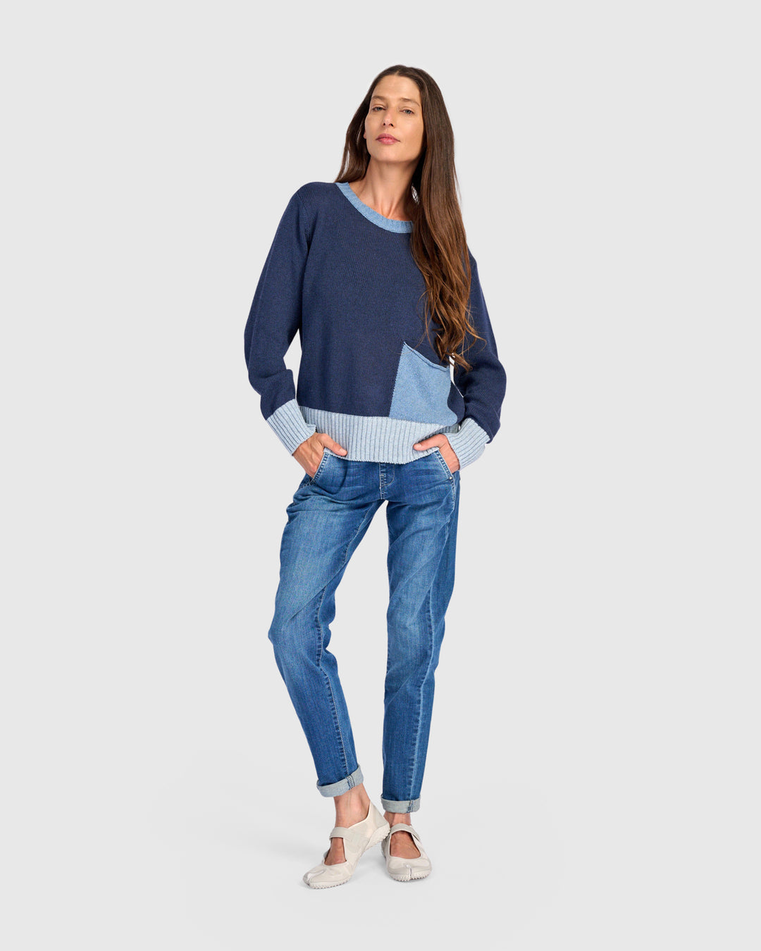 Contrast Pocket Crew Sweater Navy