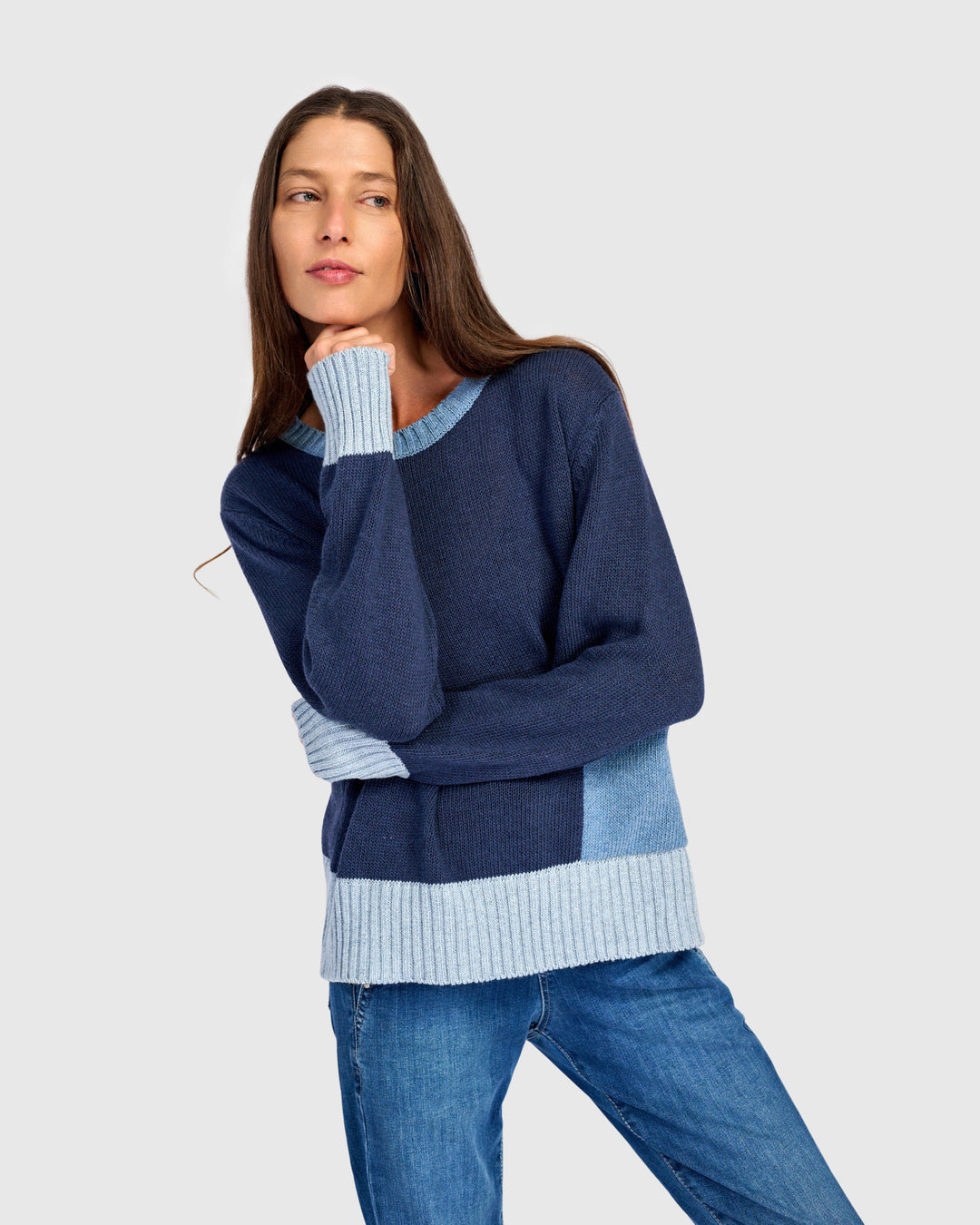 Contrast Pocket Crew Sweater Navy