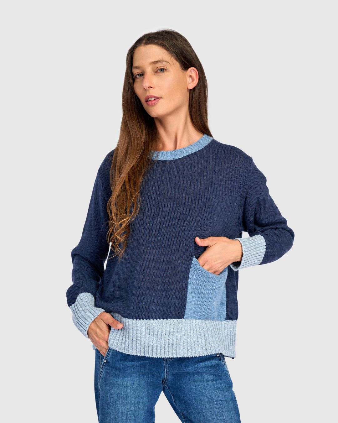 Contrast Pocket Crew Sweater Navy