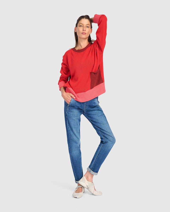 Contrast Trim Crew Sweater Red