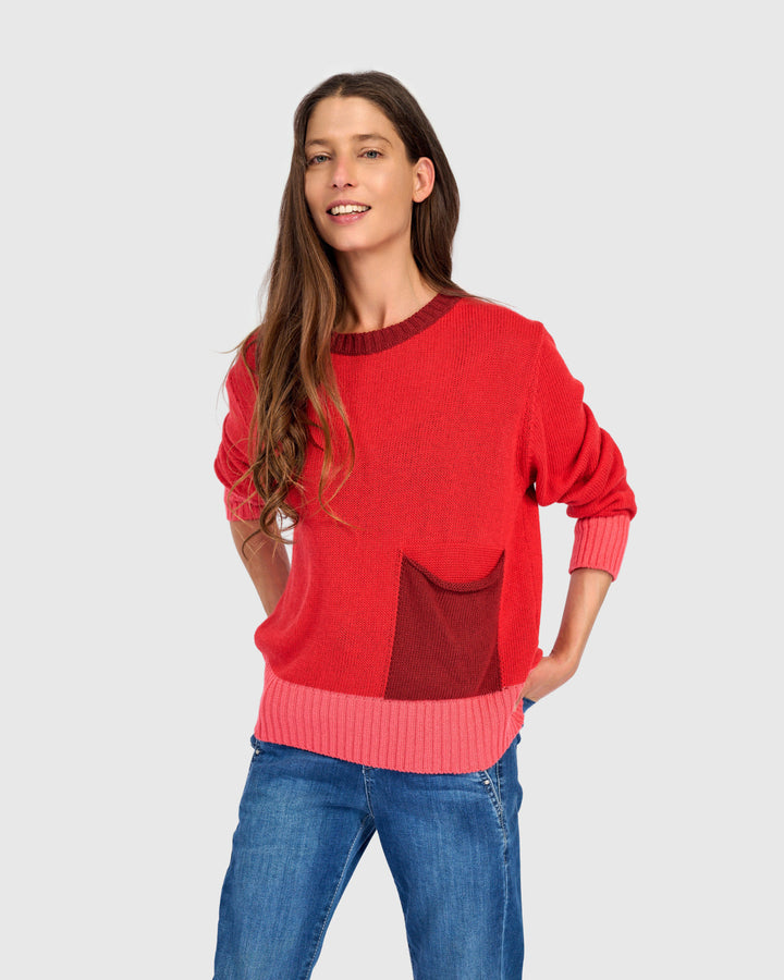 Contrast Trim Crew Sweater Red