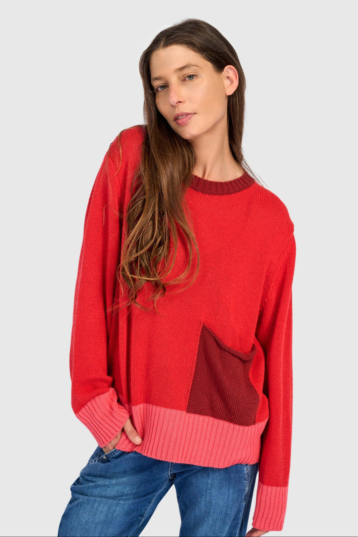Contrast Trim Crew Sweater Red