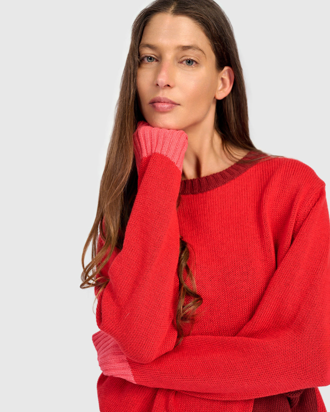 Contrast Trim Crew Sweater Red