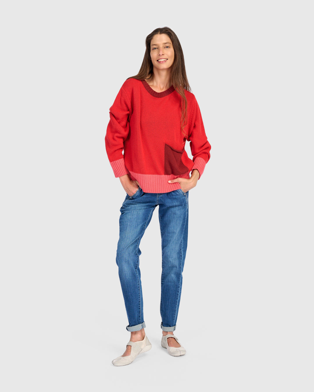 Contrast Trim Crew Sweater Red