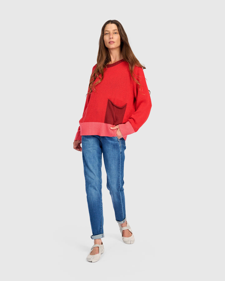 Contrast Trim Crew Sweater Red
