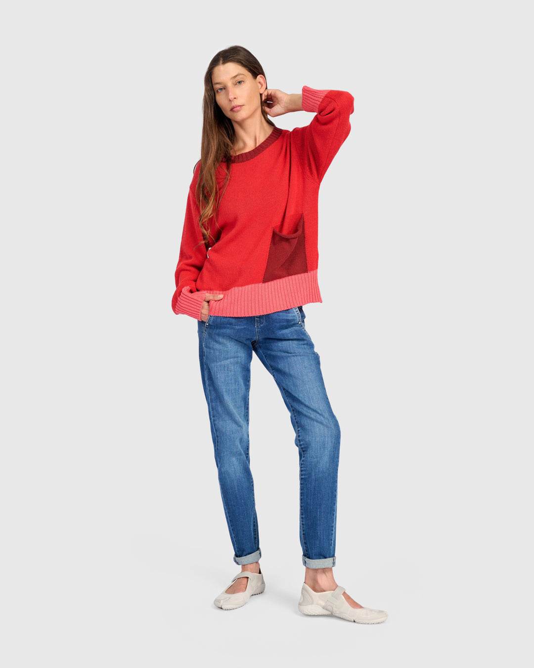 Contrast Trim Crew Sweater Red