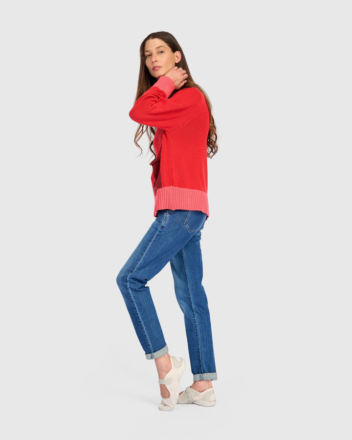 Contrast Trim Crew Sweater Red