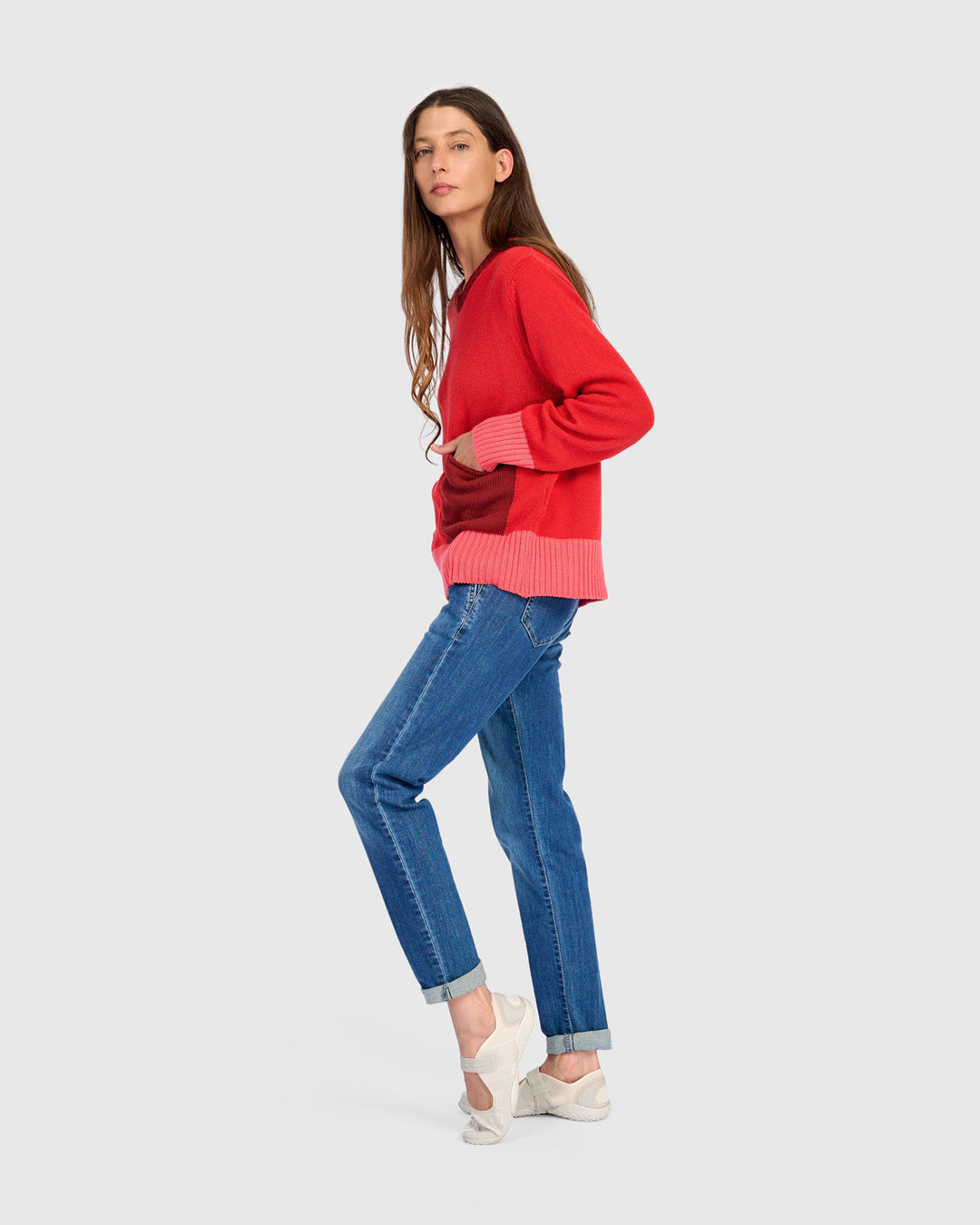 Contrast Trim Crew Sweater Red