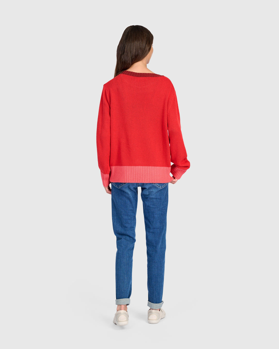 Contrast Trim Crew Sweater Red
