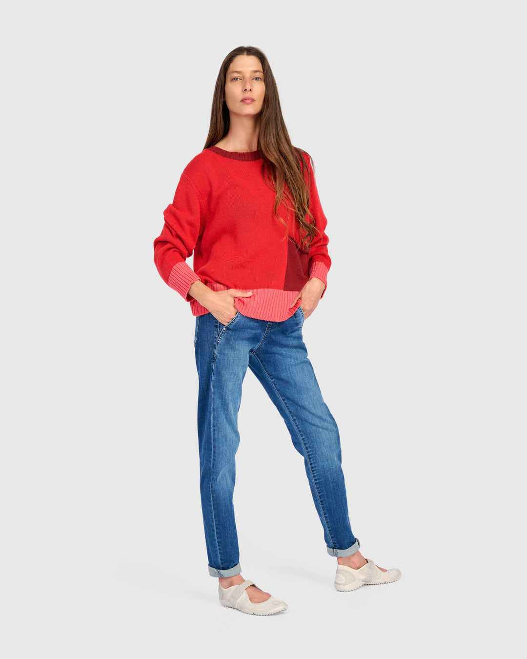 Contrast Trim Crew Sweater Red