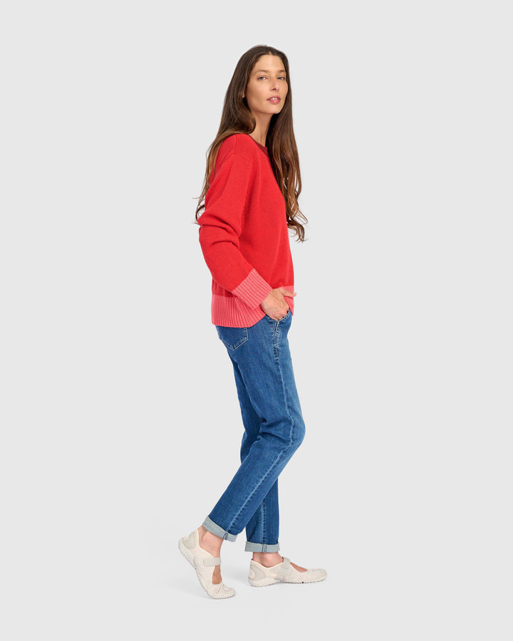 Contrast Trim Crew Sweater Red