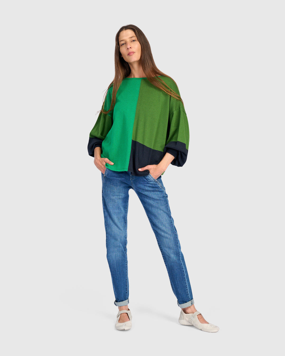 Color Block Crew Sweater Green