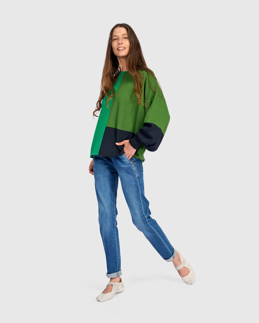 Color Block Crew Sweater Green