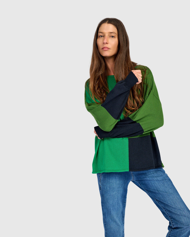 Color Block Crew Sweater Green