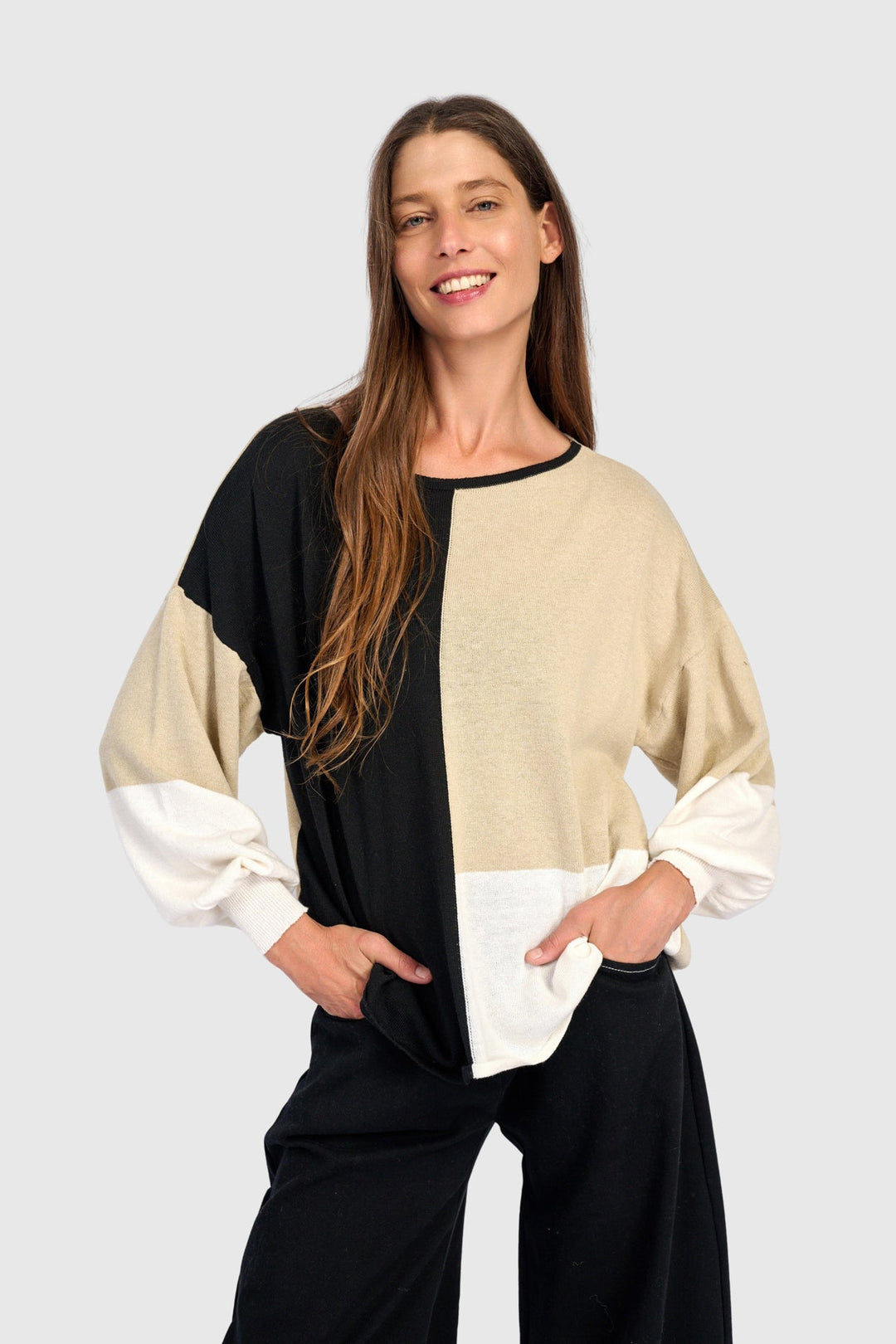 Color Block Crew Sweater Stone