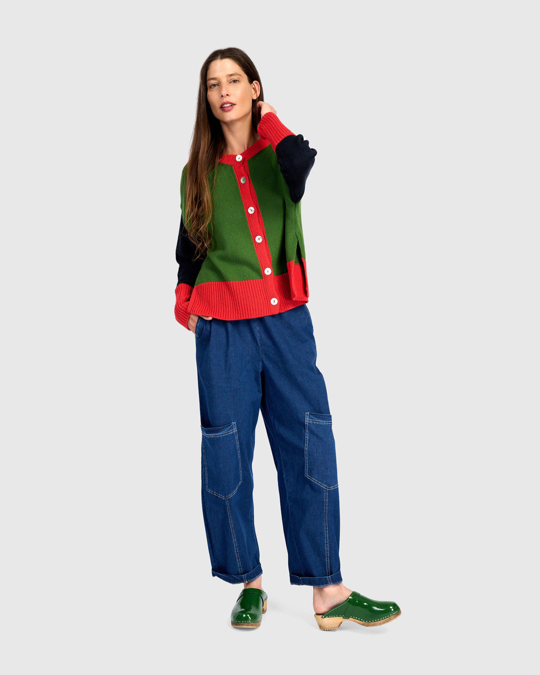 Color Block Cardigan Green