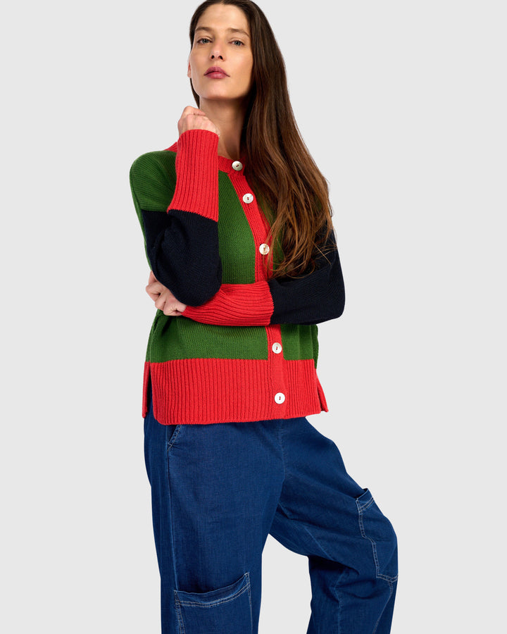 Color Block Cardigan Green