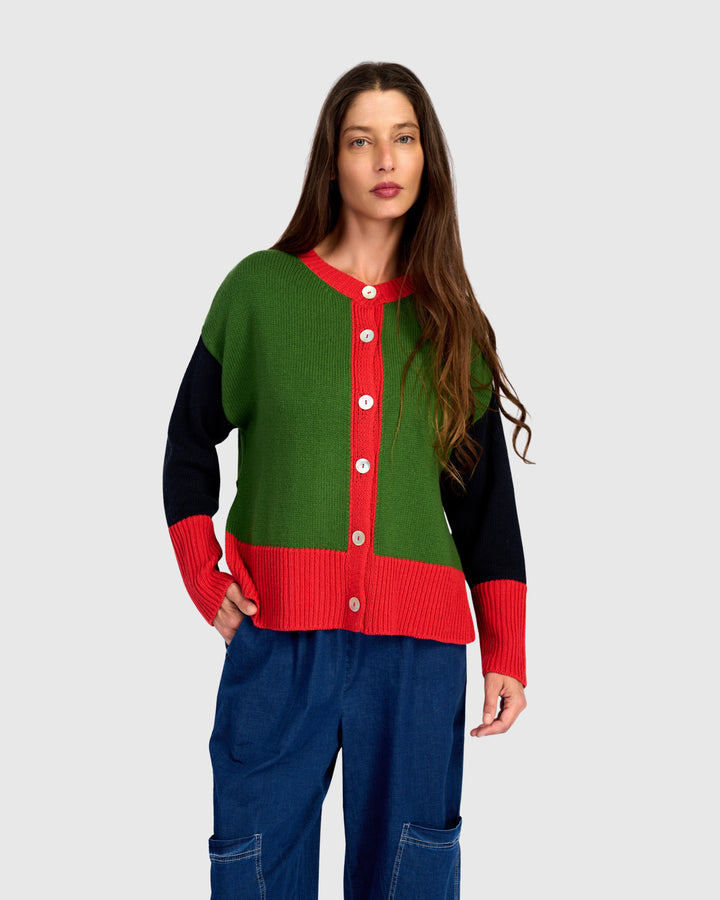 Color Block Cardigan Green