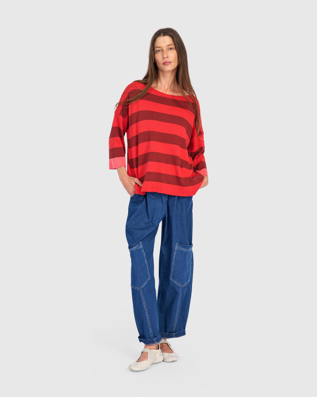 Tonal Stripe Boatneck Sweater Red