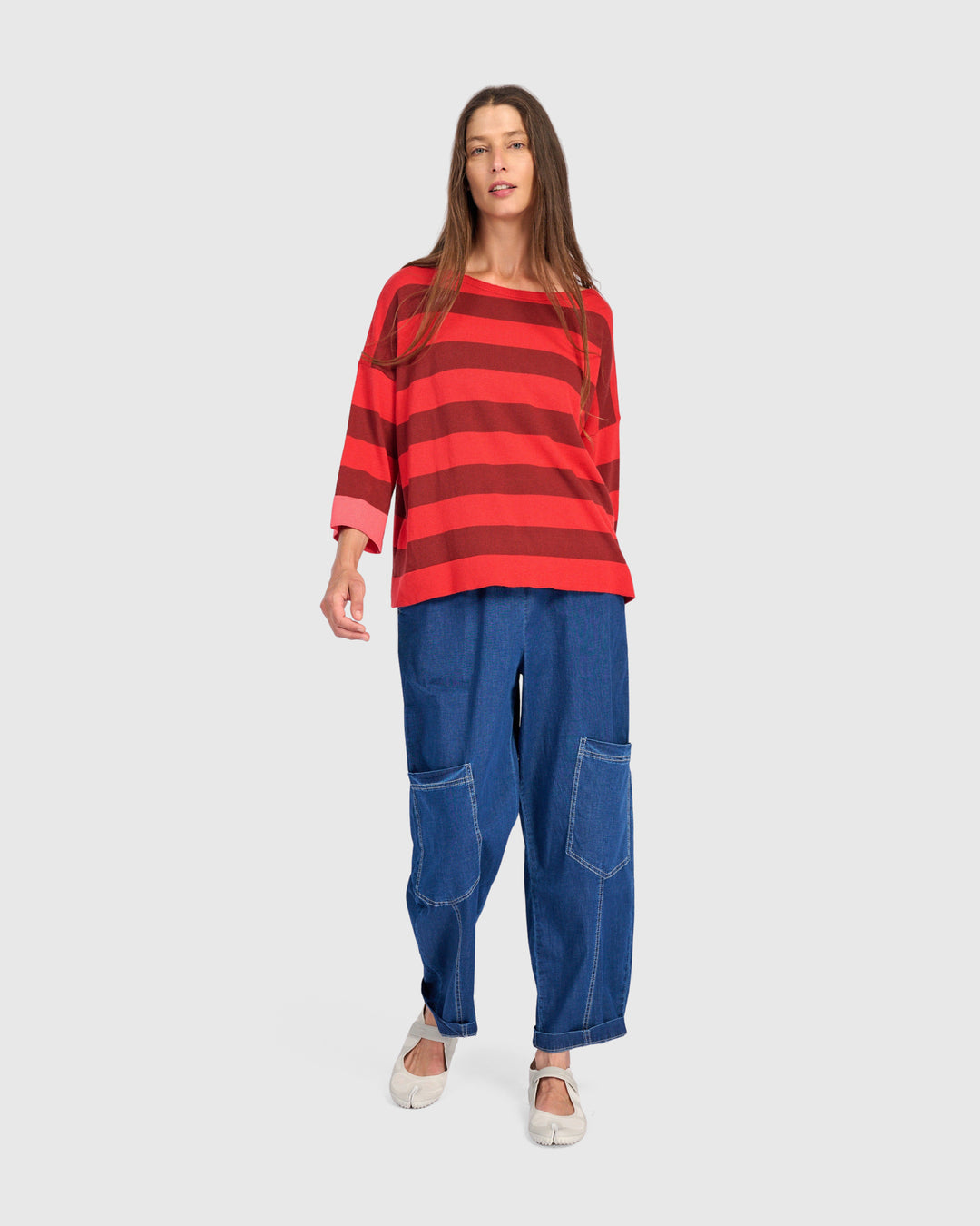 Tonal Stripe Boatneck Sweater Red