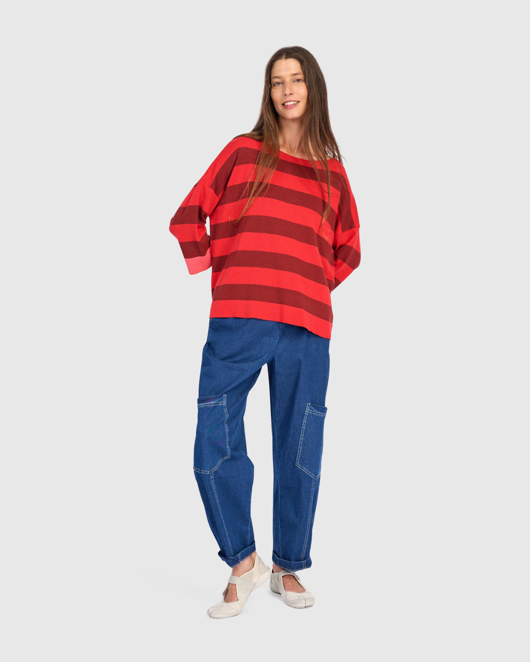 Tonal Stripe Boatneck Sweater Red