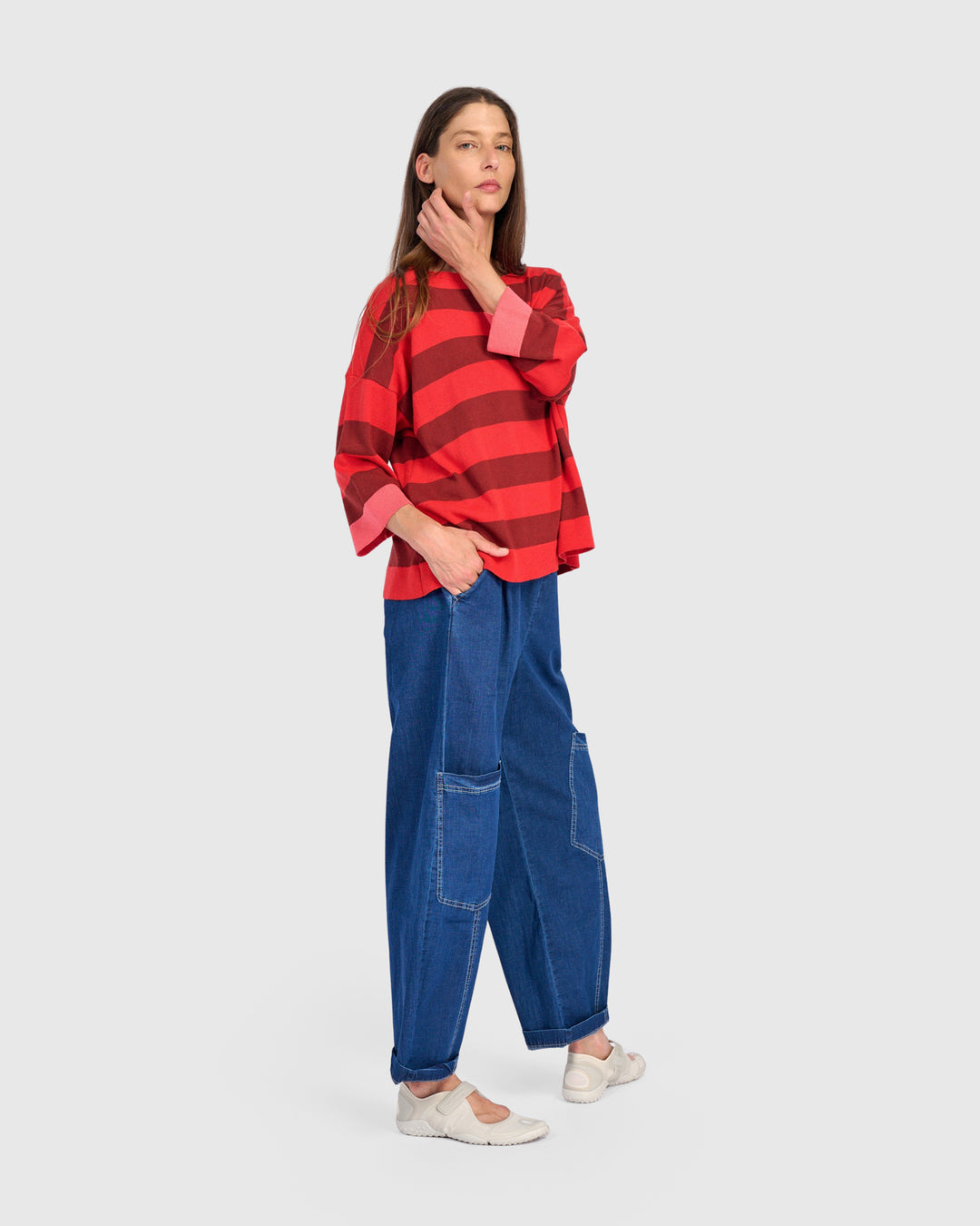Tonal Stripe Boatneck Sweater Red